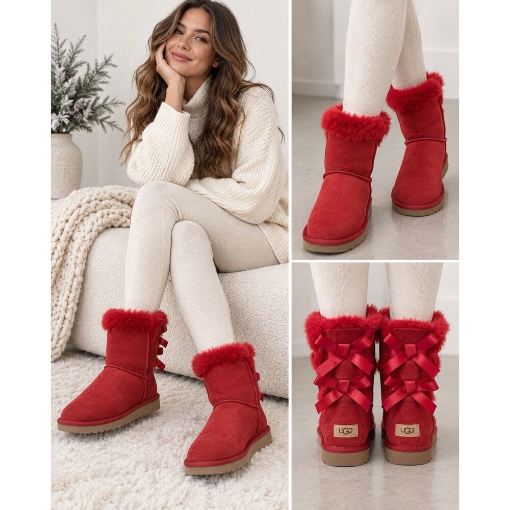 UGG Bailey Bow II W 9 Red Suede Shearling Boot Double Bowcore après-ski coquette